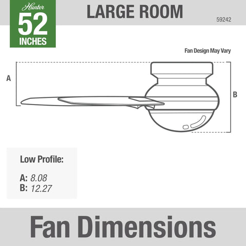 Diagram of 52 Inch Indoor Ceiling Fan With LED Light And Remote Control, White Modern Low Profile Mount dimensions and measurements