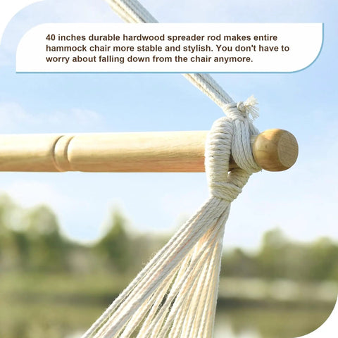 Close-up of Caribbean Hammock Chair with 40-inch hardwood spreader bar and soft-spun cotton rope against a blurred natural background.