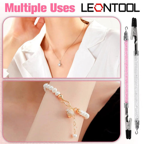 Two Piece Bracelet Helper Tool Set With Quick Release Clasp Assist For Easy Grab And Go Wearing Of Bracelets And Necklaces Including Hook And Clip And Storage Box Adjustable 195mm Extend White And Pink in use