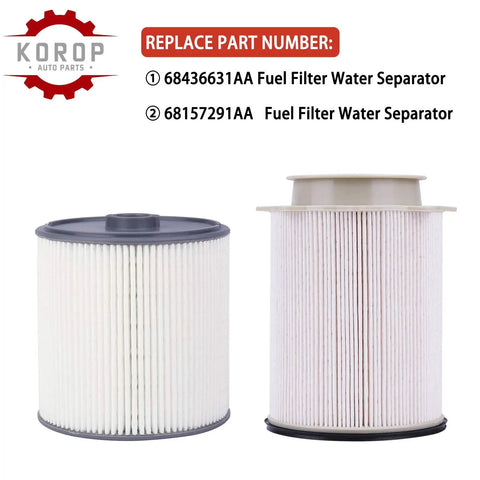 Fuel Filter Water Separator Set For 6.7L Turbo Diesel Engines Fits 2019 2020 2021 2022 2023 2024 Ram 2500 3500 4500 5500 Diesel Trucks Replaces 68157291AA And 68436631AA, two replacement filters displayed
