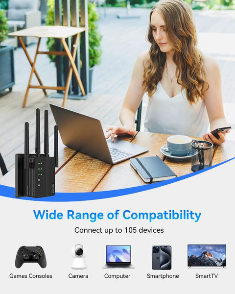 Person using laptop with 1200Mbps Dual Band WiFi Extender For Home And Outdoor Use 5GHz And 2.4GHz Signal Booster nearby.