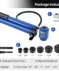 80K Hydraulic Knockout Punch Kit for Electrical Conduit Holes One Half to Two Inch with punch tool and six die sizes shown