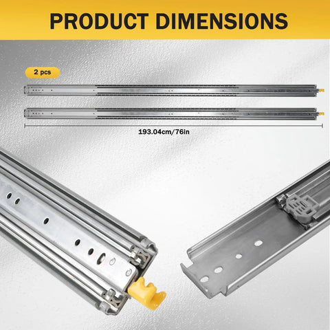 1 Pair 76 Inch Ball Bearing Drawer Slides Quiet Smooth Glide Side Mount Cabinet Runners With Safety Locking Mechanism For RVs And Home Use Easy Install Locks Only When Fully Closed Or Fully Extended. 76 in steel slides, 2 pcs