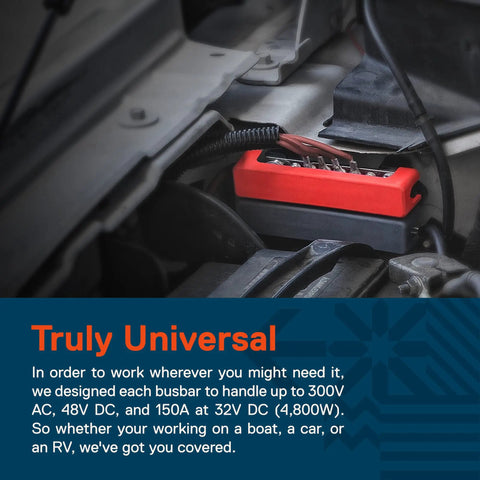 Hardcore 12V Power Distribution Terminal Block And Battery Bus Bar Kit With Insulated Negative Positive Terminals, mounted in vehicle compartment.