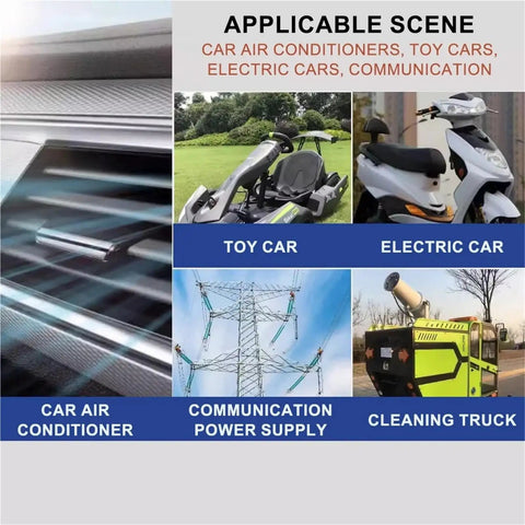 Image showcasing applicable scenes: car air conditioner, toy car, electric car, communication power supply, and cleaning truck.