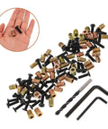 50 Pieces Metal Threaded Wood Inserts Set With Bolts And Screws Plus Two Wrenches Drill Bit Screw In Nut Fasteners displayed