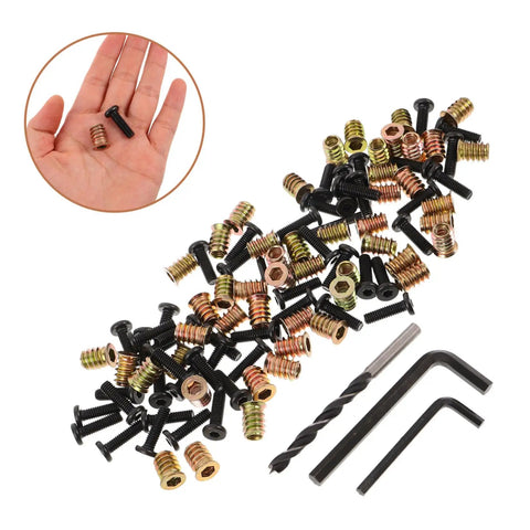 50 Pieces Metal Threaded Wood Inserts Set With Bolts And Screws Plus Two Wrenches Drill Bit Screw In Nut Fasteners displayed