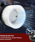 Oem Replacement AC Heater Blower Motor Fan Built Like A Tank For Hyundai Santa Fe Santa Fe Sport 2010 To 2017 And Kia Sorento 2011 To 2015 showing motor with airflow design.