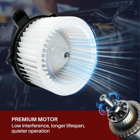 Oem Replacement AC Heater Blower Motor Fan Built Like A Tank For Hyundai Santa Fe Santa Fe Sport 2010 To 2017 And Kia Sorento 2011 To 2015 showing motor with airflow design.