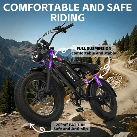 1500W Peak Electric Fat Tire Mountain Bike for adults with 32 MPH top speed, 20 inch tires, full suspension on mountain path