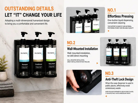 Three Chamber Shower Dispenser Set With No Drill Wall Mount Self Adhesive For Renters, Refillable 13.53 Oz Bottles for Bathroom