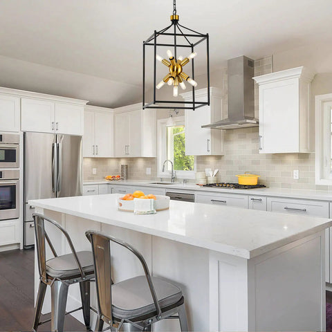 Industrial Farmhouse Chandelier Lantern Pendant Light Nine Light Fixture Built To Last In Black And Gold With Metal Frame For Dining Room Living Room Kitchen Bar Entryway Rustic Modern Style