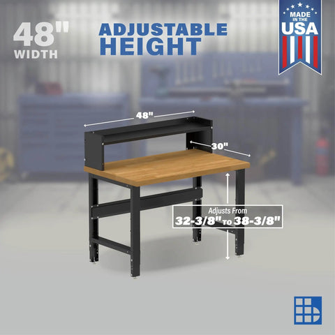 Badass 48 Inch Heavy Duty Workbench With Rock Solid Hardwood Top And Welded Steel Frame Adjustable Height From 32 To 38 Inches Handles Up To 2000 Pounds Bonus Side Shelf Made In The States For Real Workshop Grind