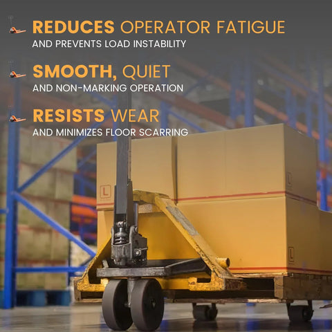 Front Load Wheel Replacement Kit For Pallet Jacks Universal Fit For PTH50 Style And Most Standard Jacks shown installed on a pallet jack in use.