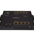 Front view of Rugged 8 Port PoE Plus Gigabit Switch With 2 SFP MSA Slots, 30W Per Port, 200W Total Budget, IP 30 To 75 C, industrial grade.