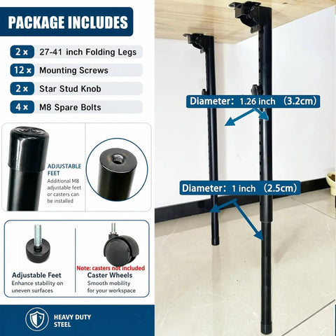 Kickass Foldable Adjustable Table Legs 27 To 41 Inch Rock Solid Metal Telescopic Extenders showing package details and dimensions.