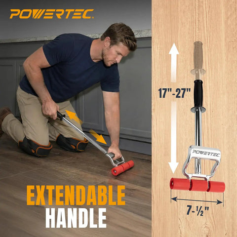 Extendable Floor And Wall Roller With 17 To 27 Inch Adjustable Handle And 7.5 Inch Wide Roller Head For Vinyl Tile Linoleum LVP Veneer Carpet And Wall Coverings Heavy Duty Build And Non Slip Grip With Die Cast Handle shown in use on floor by man
