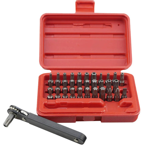 Torx Bit Set With Mini Ratchet Wrench 1/4 Inch Drive 34-Piece Kit For Security Torx Screws Chrome Vanadium Bits in red case