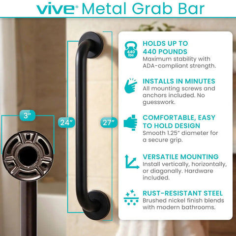 Solid as a Rock Shower Grab Bar Heavy Duty Bathroom Handrail With Zero Slip Grip And Super Strong 440 Lbs Weight Capacity For Senior Mobility Safety installation close-up with 27-inch black metal design.