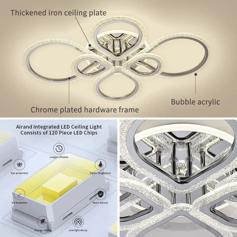Six Ring LED Ceiling Light Fixture With Remote Control, Dimmable 3000K-6500K, Polished Chrome Finish, acrylic details displayed