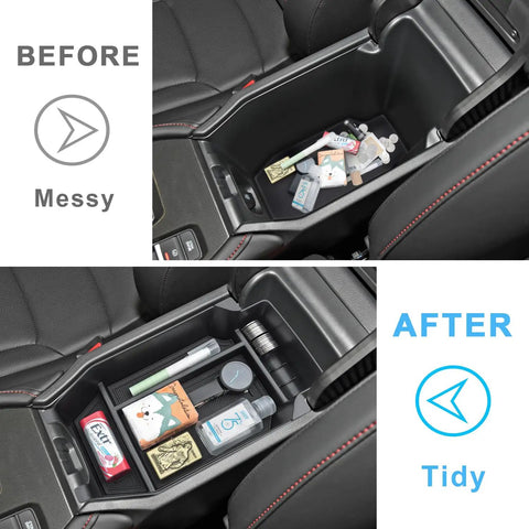 Center Console Organizer for 2023-2026 Honda Accord 11th Gen Durable ABS Plastic Armrest Tray in use, before and after tidy result
