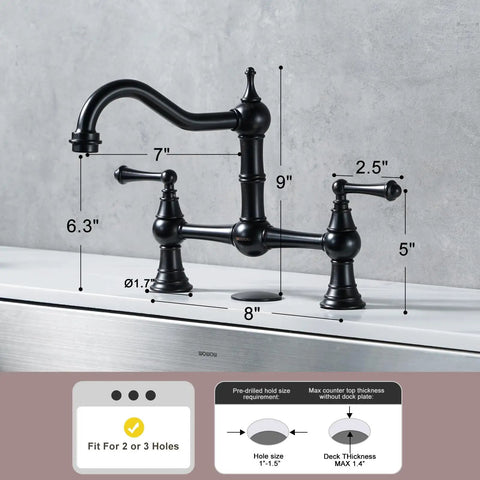 Bridge Kitchen Faucet In Oil Rubbed Bronze, Solid Brass Construction, 8 Inch Centerset, Fits 2 Or 3 Holes shown with measurements.