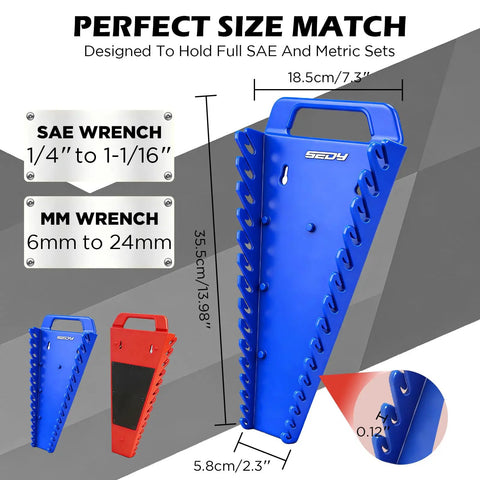 Front view of Magnetic Wrench Organizer With Non Slip Handle 24 Slot Pro Grade Heavy Duty Rack for SAE 1/4 to 1-1/16 inch and 6-24 mm wrenches.
