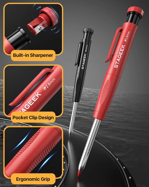 Pro Builder Pencil Set With Sharpener Featuring 2.8mm Mechanical Pencils And 26 Refills In Black Red And Yellow Waterproof Deep Hole Marker Pens For Architect Marking Heavy Duty Woodworking Tools For Construction And Electricians