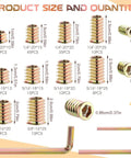 High Performance Threaded Screw Inserts For Wood Featuring Quick Hex Socket Connectors Dead Nuts Secure Furniture Hardware No Stress Diy Build Supplies size and quantity chart with different screw insert dimensions.