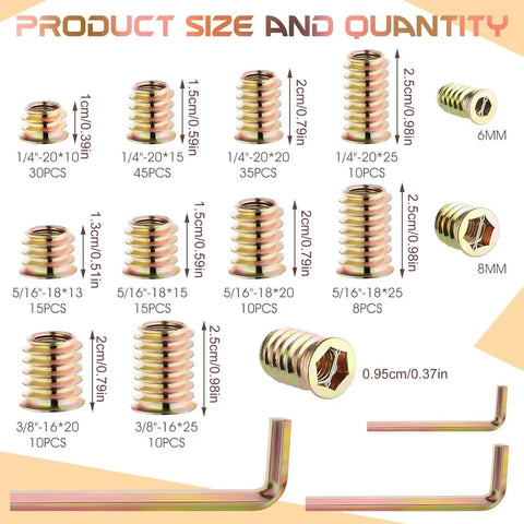 High Performance Threaded Screw Inserts For Wood Featuring Quick Hex Socket Connectors Dead Nuts Secure Furniture Hardware No Stress Diy Build Supplies size and quantity chart with different screw insert dimensions.