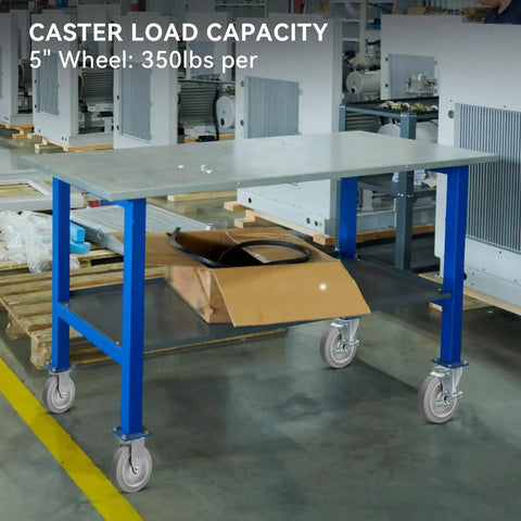 5 Inch Non Marking Rubber Caster Wheels With 3/8 Inch Bore Axle Heavy Duty Cart Rollers on a table with a 350lbs load capacity.