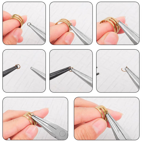4 Piece Jewelry Pliers Set For Beading And Jewelry Making Including Needle Nose Pliers, Round Nose Pliers, Bent Nose Pliers And Wire Cutter Handy Tools Kit For Bracelet Craft, Wire Wrapping, And DIY Jewelry in use opening jump rings with needle nose pliers.