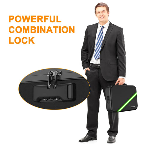 Man holding Built Tough Fireproof Document Organizer With Lock, 5200 Fahrenheit Heat Insulation, Waterproof Safe Box