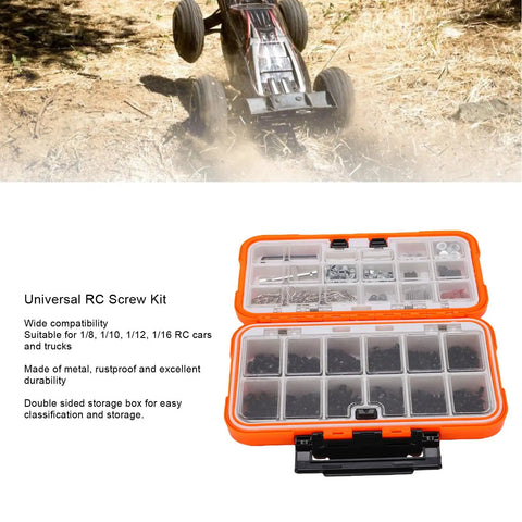 Universal RC Screws Set 537 Piece Hardware Kit For 1/8 1/10 1/12 1/16 Scale Cars Trucks Buggies And Crawlers With Durable Storage Box And Wide Compatibility For HPI Axial And More, orange case open