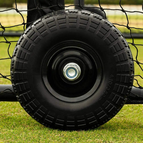 Close-up of heavy-duty wheel on a Portable Mobile Baseball Batting Cage With Wheels 36ft Net With Padding Easy Setup On Any Surface