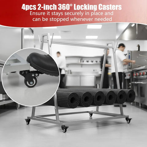 Open Style Mobile Floor Mat Transporter Cart With Wheels, Heavy Duty Galvanized Steel Rack For Industrial And Commercial Mats