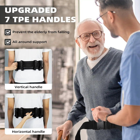 Gait Belt With Easy Grab Handles For No Fuss Transfers And Smooth Mobility Support in use, showing vertical and horizontal handles.