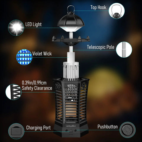 Diagram of Outdoor And Indoor 3 In 1 4500V Mosquito Killer With Camping Light and features like LED light and charging port.