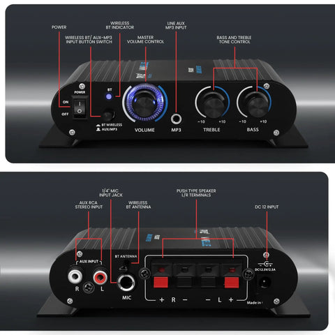 Wireless Bluetooth Home Audio Amp With 90W Dual Channel Power front and back view showing controls and inputs