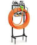 Adjustable Hose Holder With Metal Decor Signs Freestanding Water Hose Reel Stand Holds Up To 150 Ft Of Hose Storage Basket