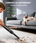 Child using Portable Cordless Handheld Vacuum Cleaner 4 In 1 Mini Vacuum with dual suction on carpet near couch with cat.