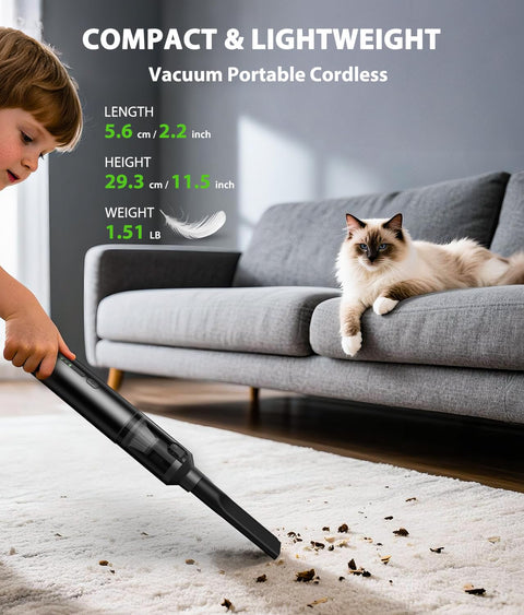 Child using Portable Cordless Handheld Vacuum Cleaner 4 In 1 Mini Vacuum with dual suction on carpet near couch with cat.