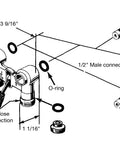 Diagram of 2T-M2 1/2 Inch Brass Tubular Washing Machine Hot Water Shut Off Valve, showing dimensions and connections.