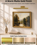 Wireless 16 Inch Picture Light With Built In Rechargeable Battery, Long Lasting Wall Mounted Art Lamp For Gallery Displays, Museum Quality Illumination, No Fuss Wireless Design, Real Deal Long Run Time, Straight Up Game Changer illuminating a framed painting in matte gold finish.
