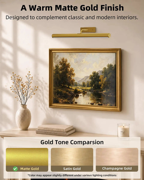 Wireless 16 Inch Picture Light With Built In Rechargeable Battery, Long Lasting Wall Mounted Art Lamp For Gallery Displays, Museum Quality Illumination, No Fuss Wireless Design, Real Deal Long Run Time, Straight Up Game Changer illuminating a framed painting in matte gold finish.