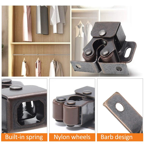 10 Pack Double Roller Cabinet Latches With Spear Strike For Cupboard Closet Door Easy Install Secure Closure Antique Bronze Finish