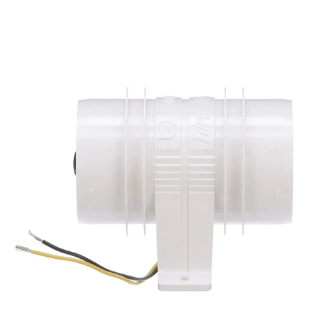 Top Shelf In Line Bilge Blower With Super Slick Five Blade Fan For Snappy Engine Bay Ventilation, white plastic with wires.