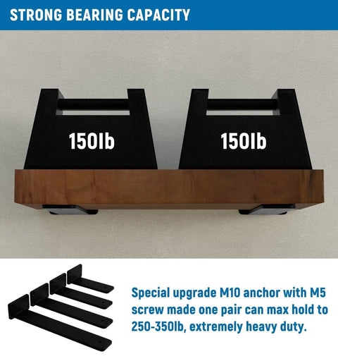 12 Inch Floating Shelf Brackets 6 Pack Heavy Duty Rustic Industrial Metal Hidden Mounting For Wall Shelves Super Sturdy Support Patented T Type Design With Clean Invisible Look, showing weight capacity demonstration.