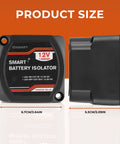 Dual Battery Isolator 12V 140 Amp Voltage Sensitive Relay VSR Kit dimensions shown from front and side views, compact design for RVs and boats.
