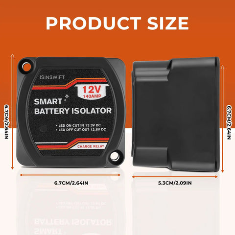 Dual Battery Isolator 12V 140 Amp Voltage Sensitive Relay VSR Kit dimensions shown from front and side views, compact design for RVs and boats.